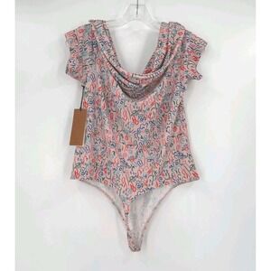 Women's Bodysuit Top Sz L Pink Abstract Off Shoulder Work Wear Dressy Romantic‎